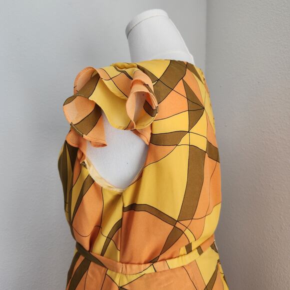 Vintage 70s Borrellini Abstract Cowl Neck Top and Skirt Set Yellow Orange M L - Picture 5 of 10
